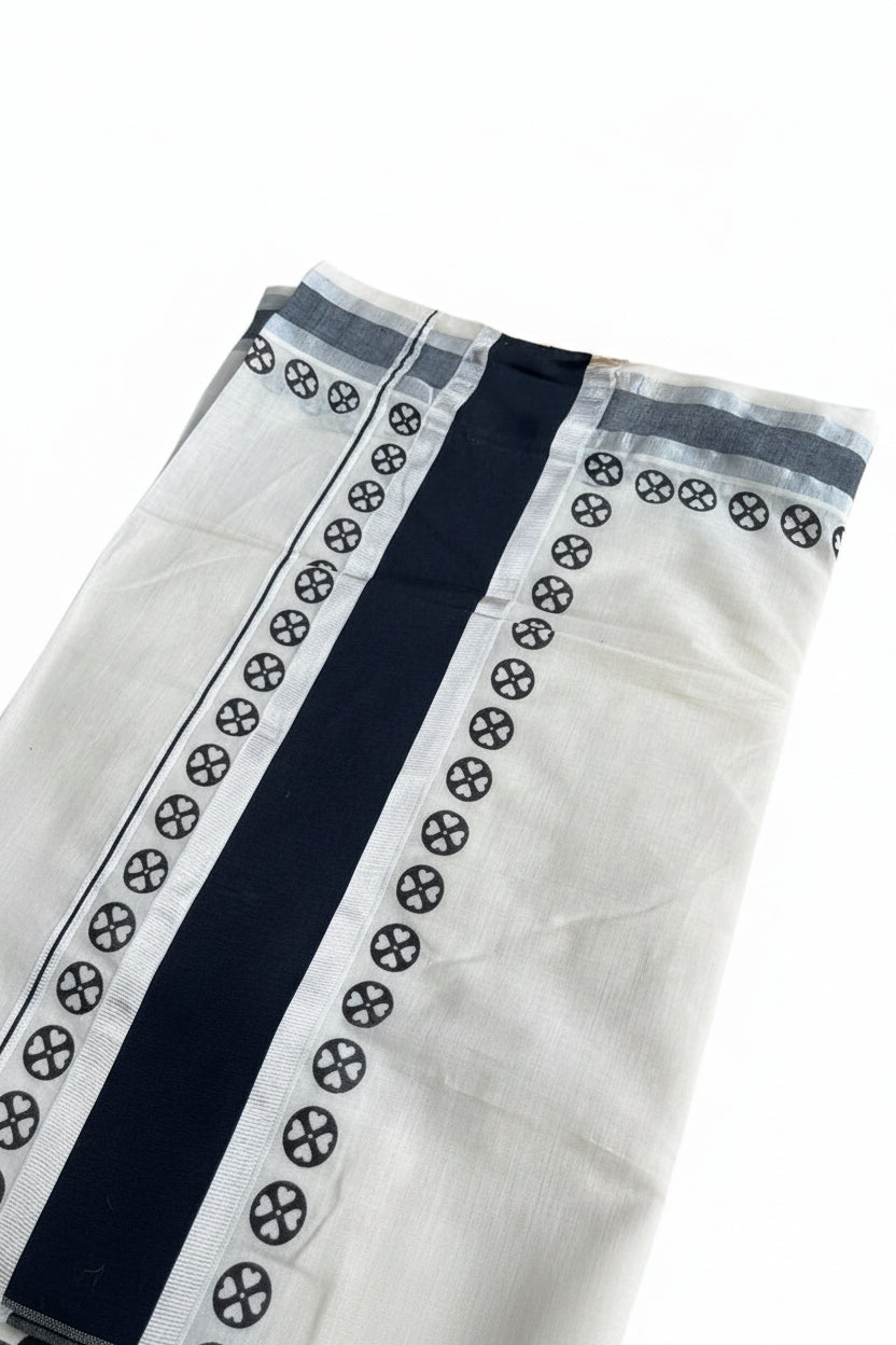Southloom Kerala Cotton Printed Saree With Black and Silver Border SL530