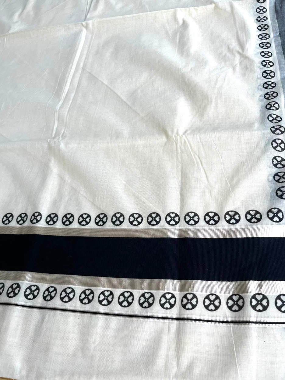 Southloom Kerala Cotton Printed Saree With Black and Silver Border SL530