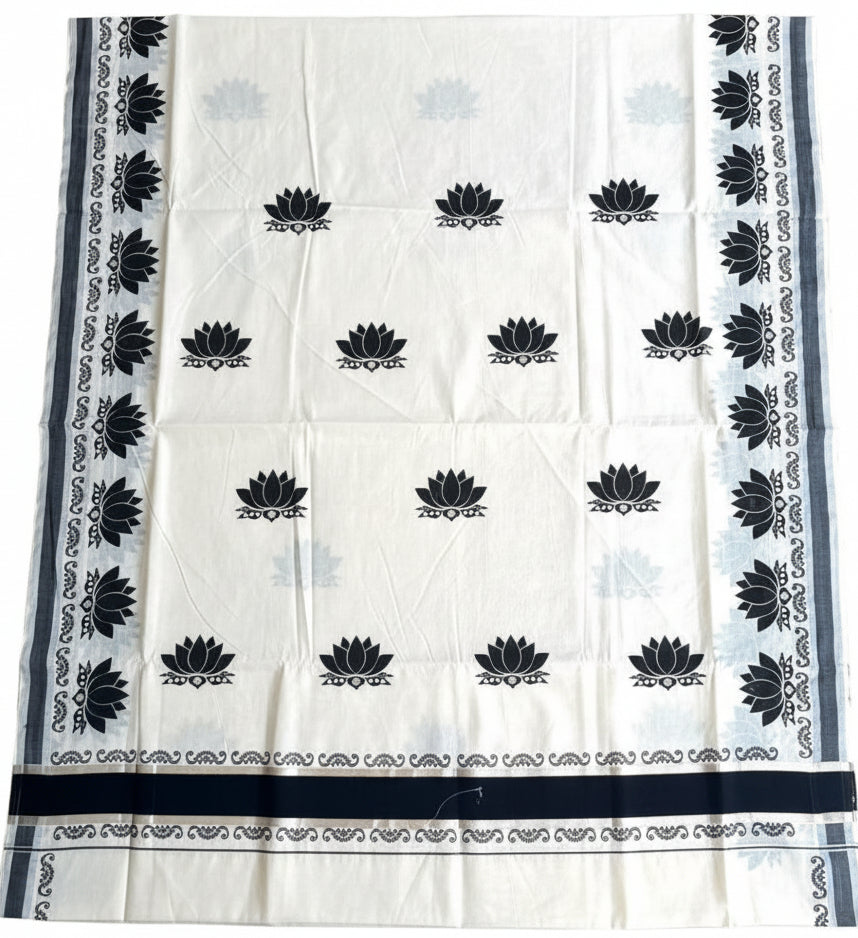 Southloom Kerala Cotton Lotus Printed Saree With Black and Silver Border SL530