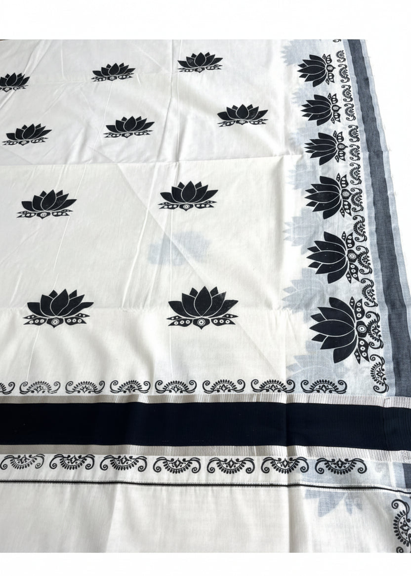 Southloom Kerala Cotton Lotus Printed Saree With Black and Silver Border SL530