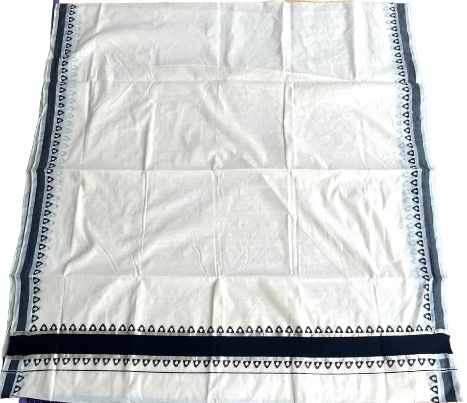 Southloom Kerala Cotton Temple Printed Saree With Black and Silver Border SL530