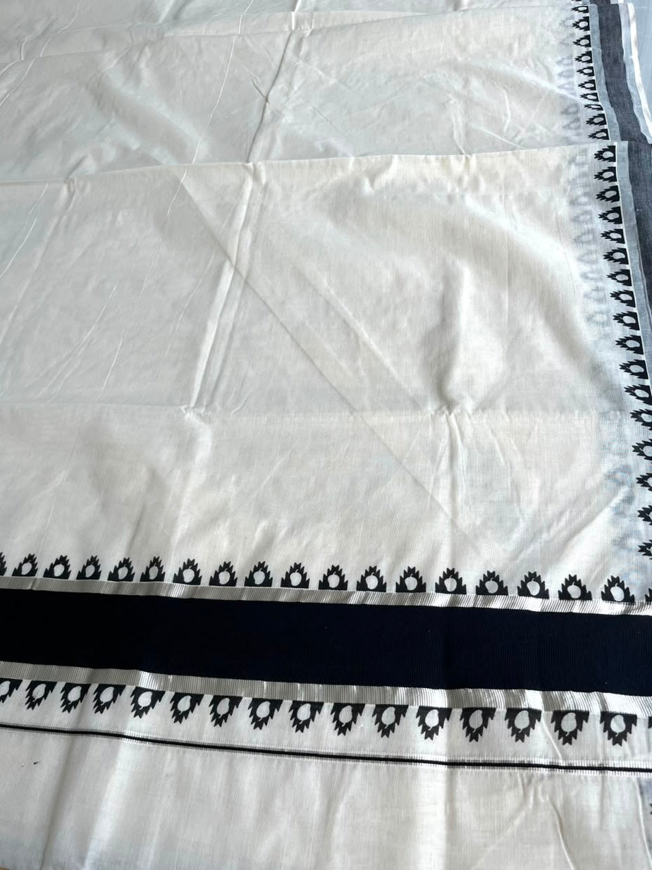 Southloom Kerala Cotton Temple Printed Saree With Black and Silver Border SL530