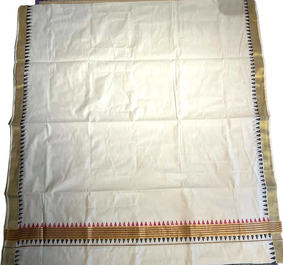 Kerala Cotton Temple Border With Golden Kasavu  Saree SL531