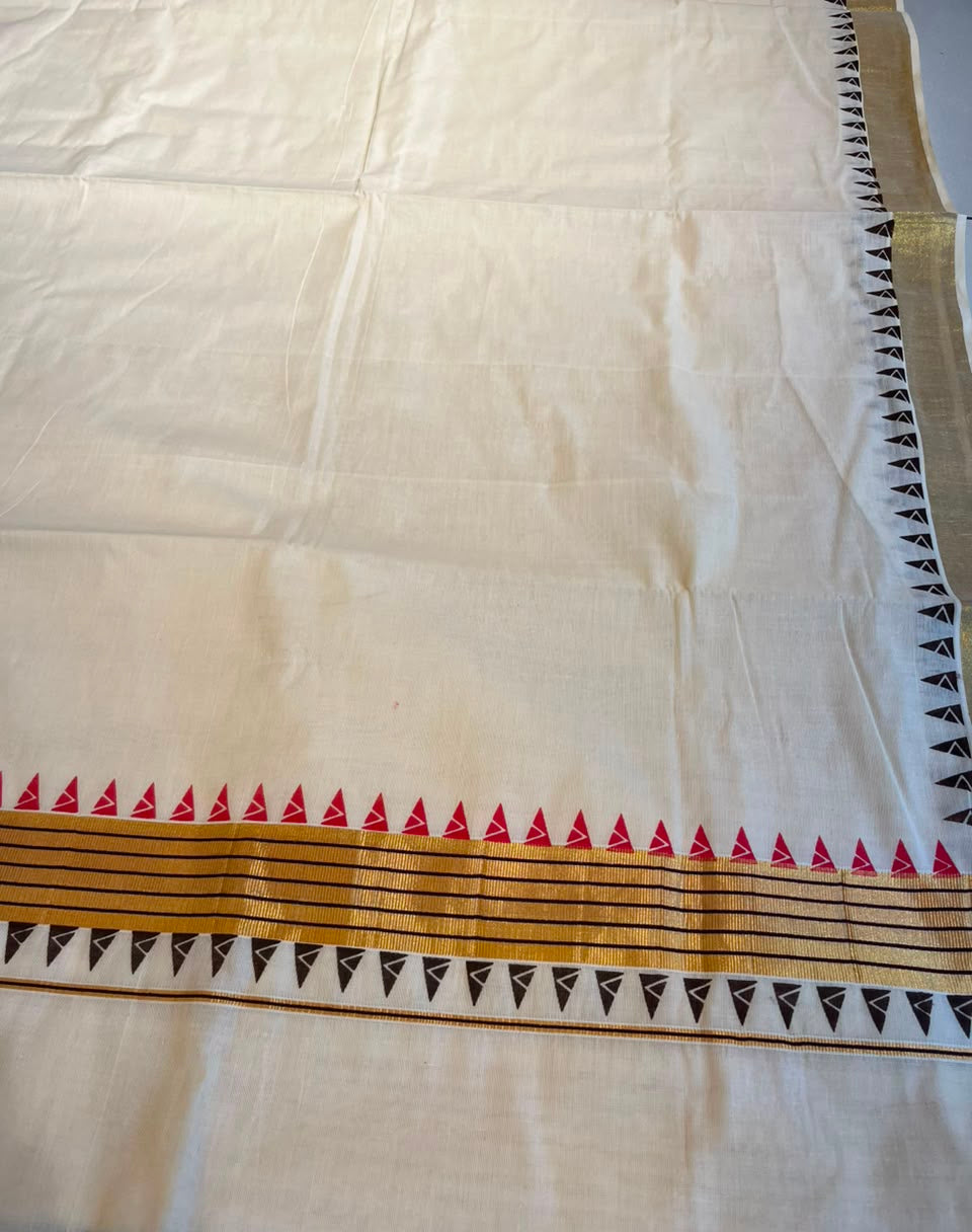 Kerala Cotton Temple Border With Golden Kasavu  Saree SL531