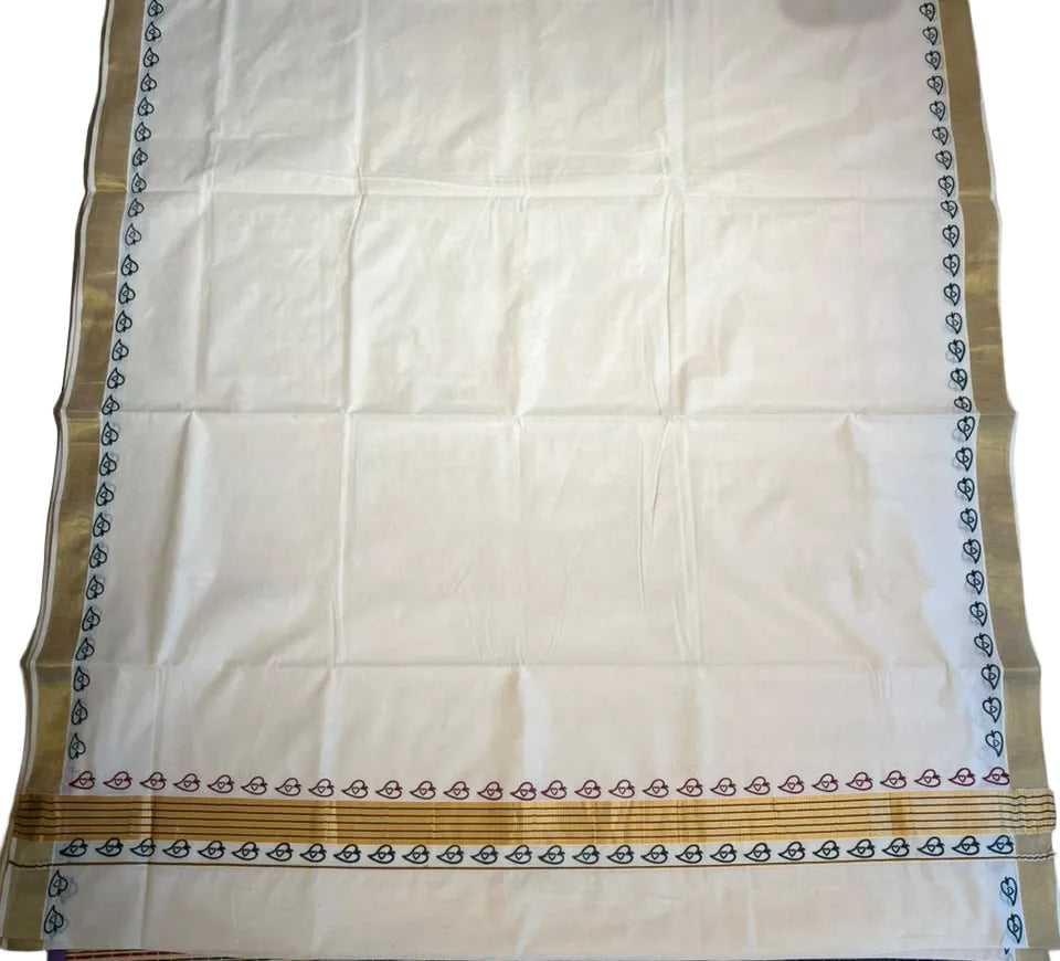Kerala Cotton Printed Saree With Golden Kasavu Border SL531
