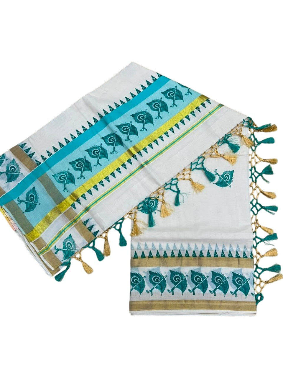 Southloom Cotton Kerala Kasavu Saree with Digital Print on Body With Temple Borders in Turquoise SL519