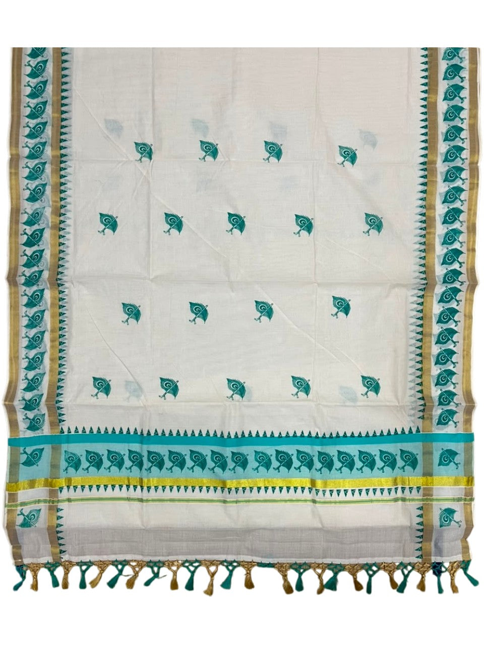 Southloom Cotton Kerala Kasavu Saree with Digital Print on Body With Temple Borders in Turquoise SL519