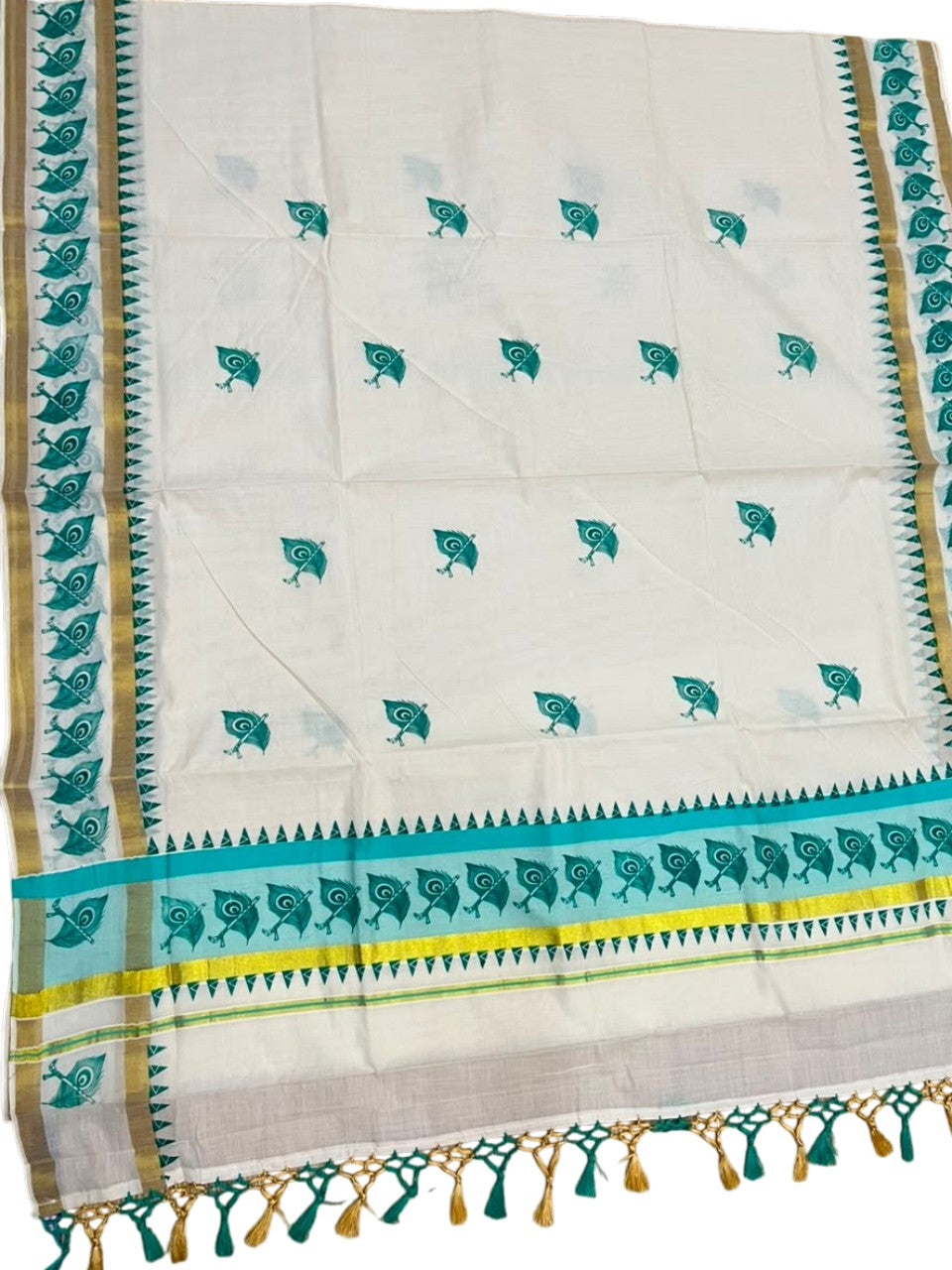 Southloom Cotton Kerala Kasavu Saree with Digital Print on Body With Temple Borders in Turquoise SL519