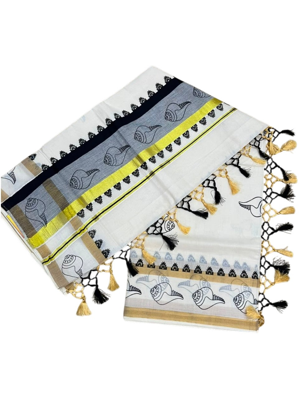 Southloom Cotton Kerala Kasavu Saree with Digital Print on Body With Temple Borders in Black SL519