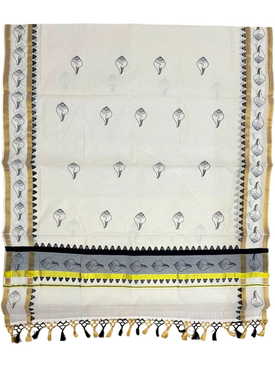 Southloom Cotton Kerala Kasavu Saree with Digital Print on Body With Temple Borders in Black SL519