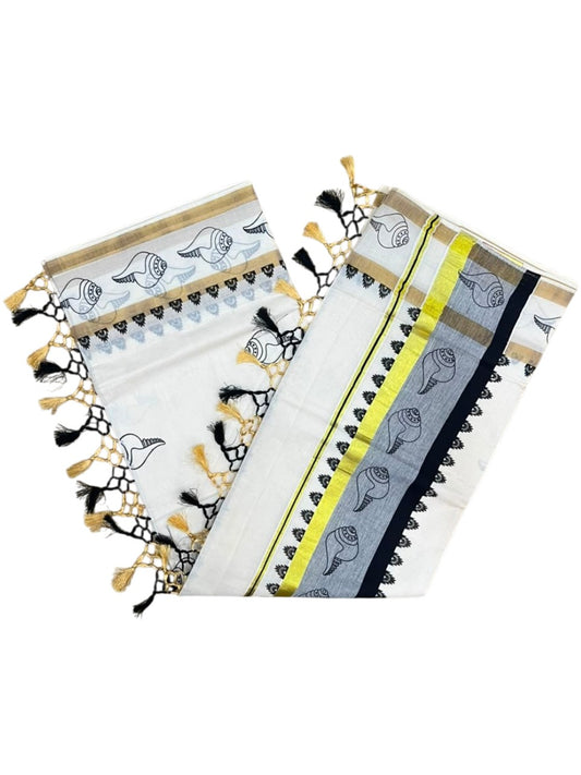 Southloom Cotton Kerala Kasavu Saree with Digital Print on Body With Temple Borders in Black SL519