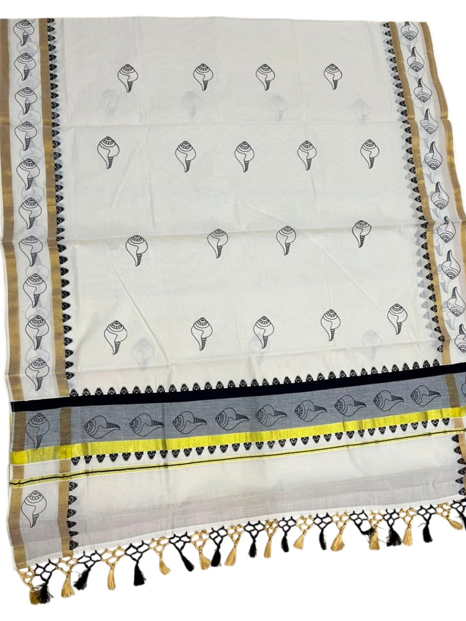 Southloom Cotton Kerala Kasavu Saree with Digital Print on Body With Temple Borders in Black SL519