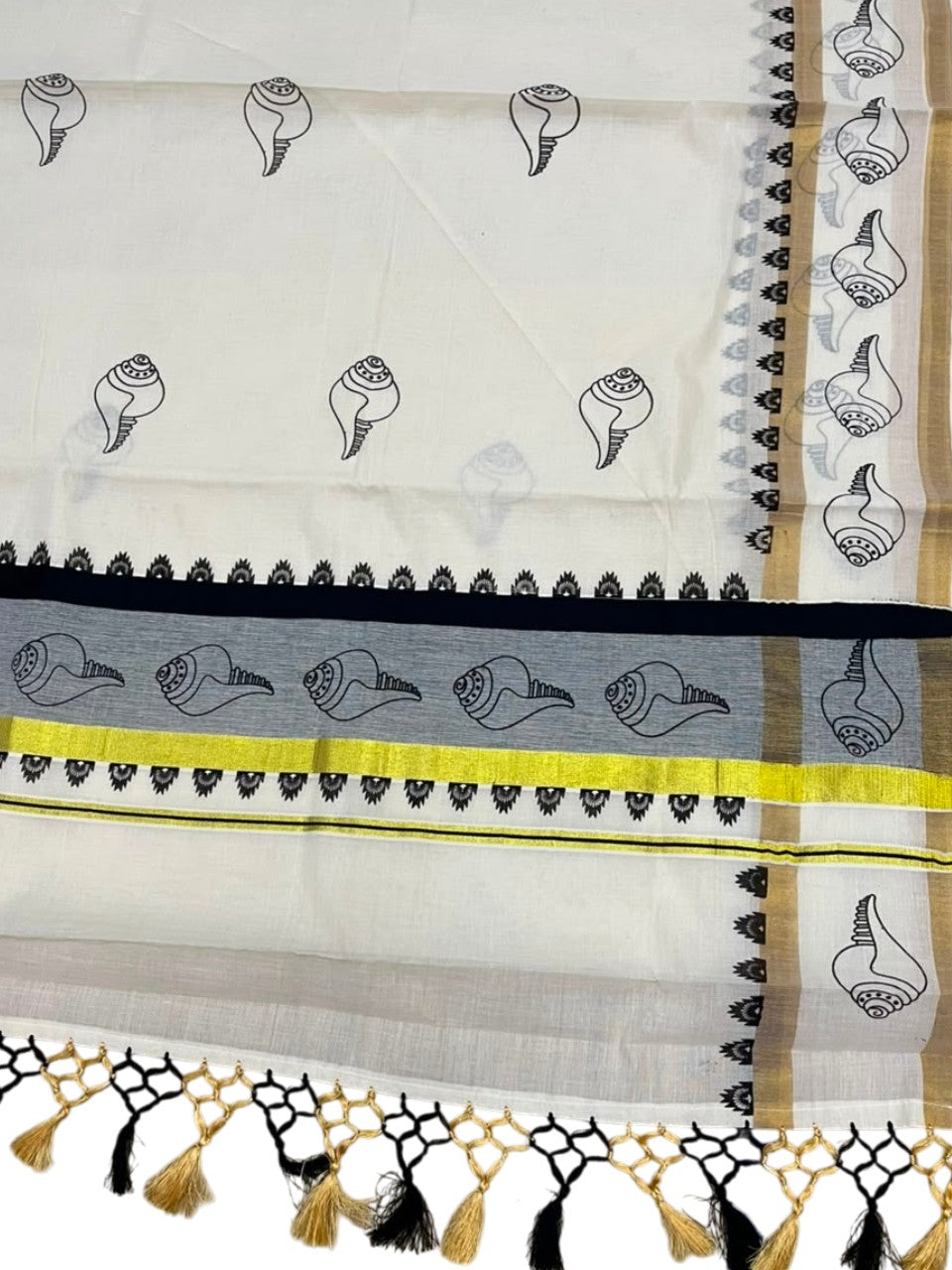 Southloom Cotton Kerala Kasavu Saree with Digital Print on Body With Temple Borders in Black SL519