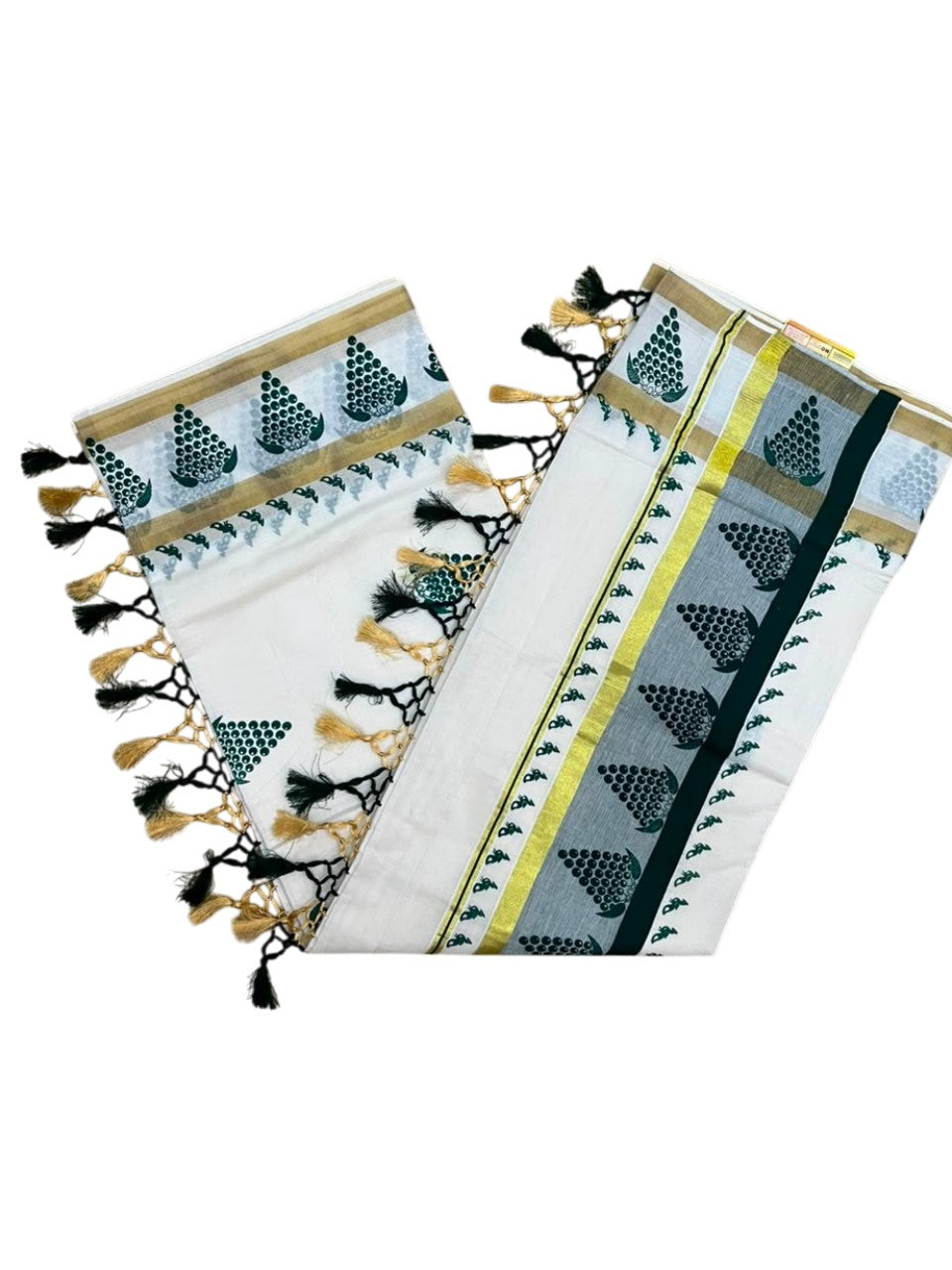 Southloom Cotton Kerala Kasavu Saree with Digital Print on Body With Peacock Borders in Green SL519
