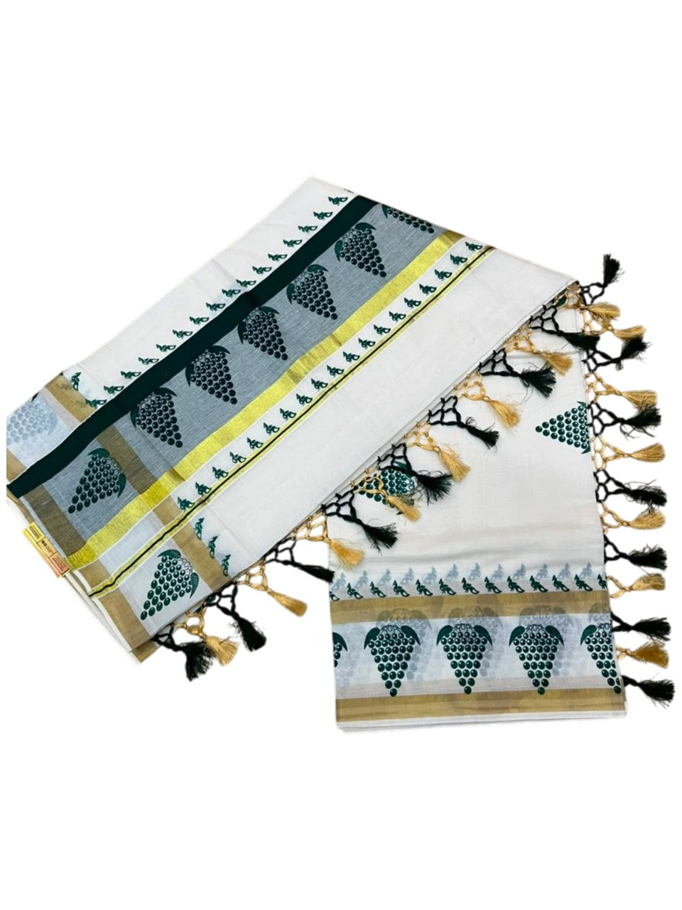 Southloom Cotton Kerala Kasavu Saree with Digital Print on Body With Peacock Borders in Green SL519