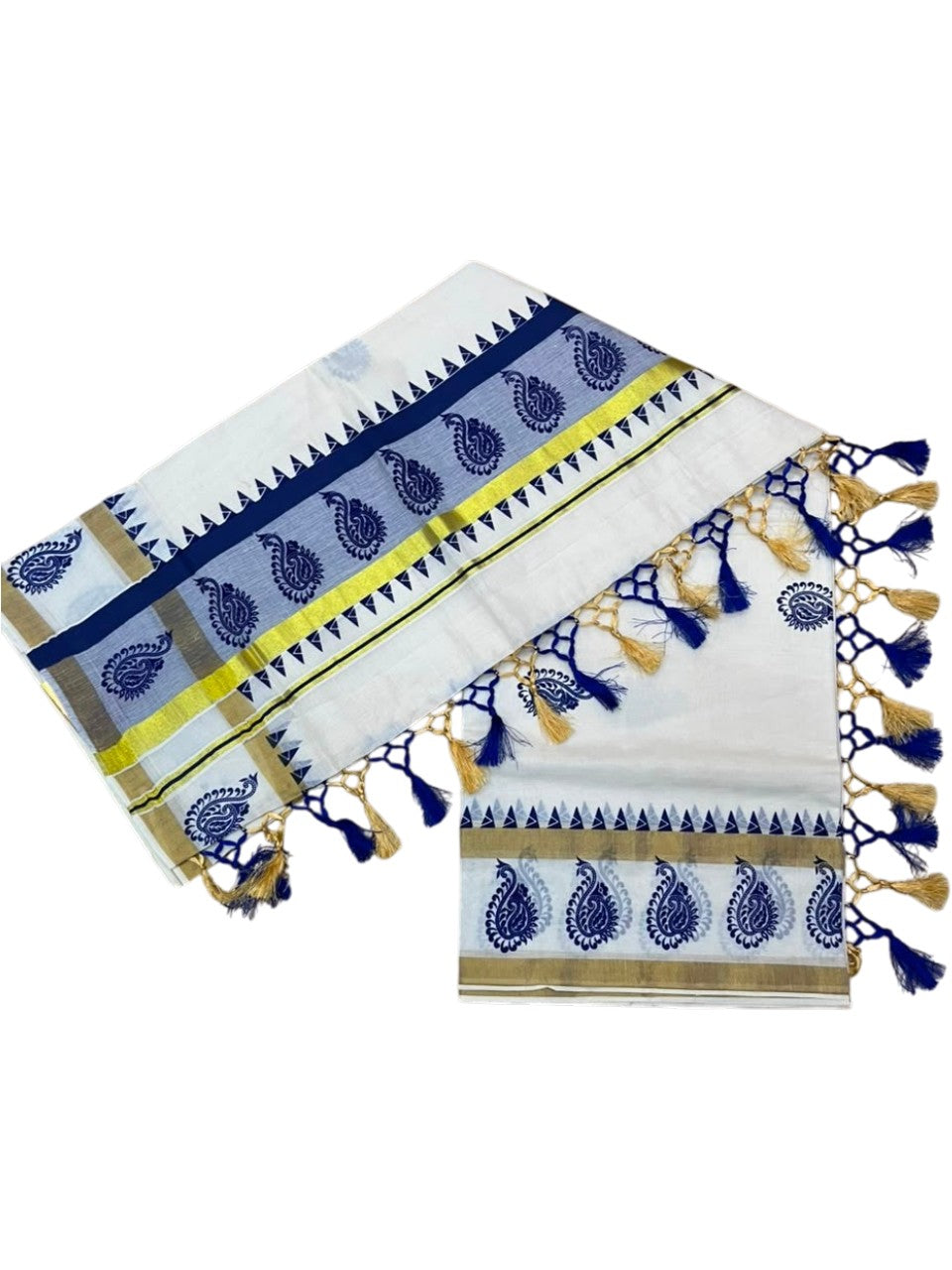 Southloom Cotton Kerala Kasavu Saree with Digital Print on Body With Temple Borders in Blue SL519
