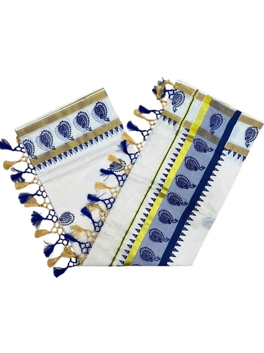 Southloom Cotton Kerala Kasavu Saree with Digital Print on Body With Temple Borders in Blue SL519