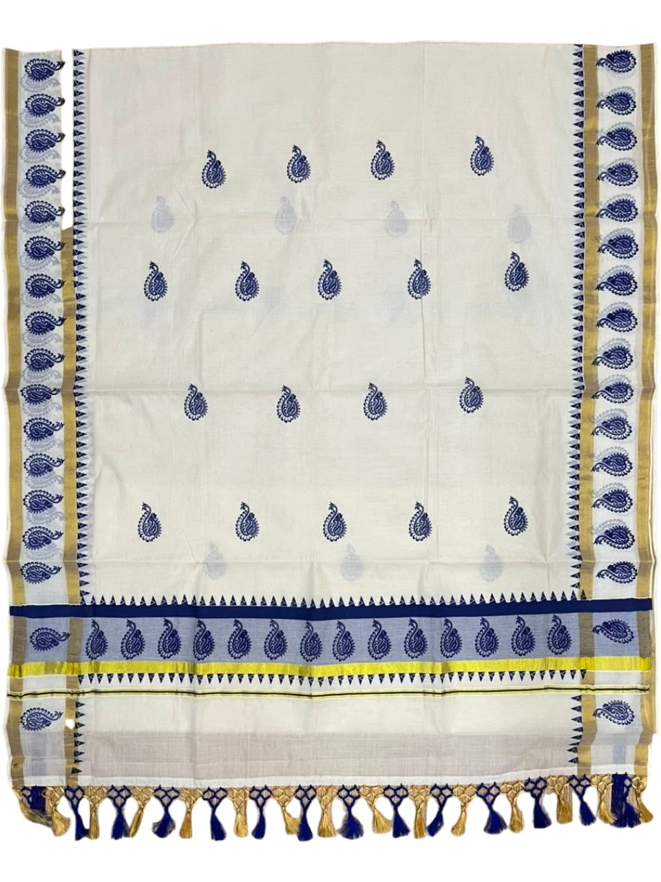Southloom Cotton Kerala Kasavu Saree with Digital Print on Body With Temple Borders in Blue SL519