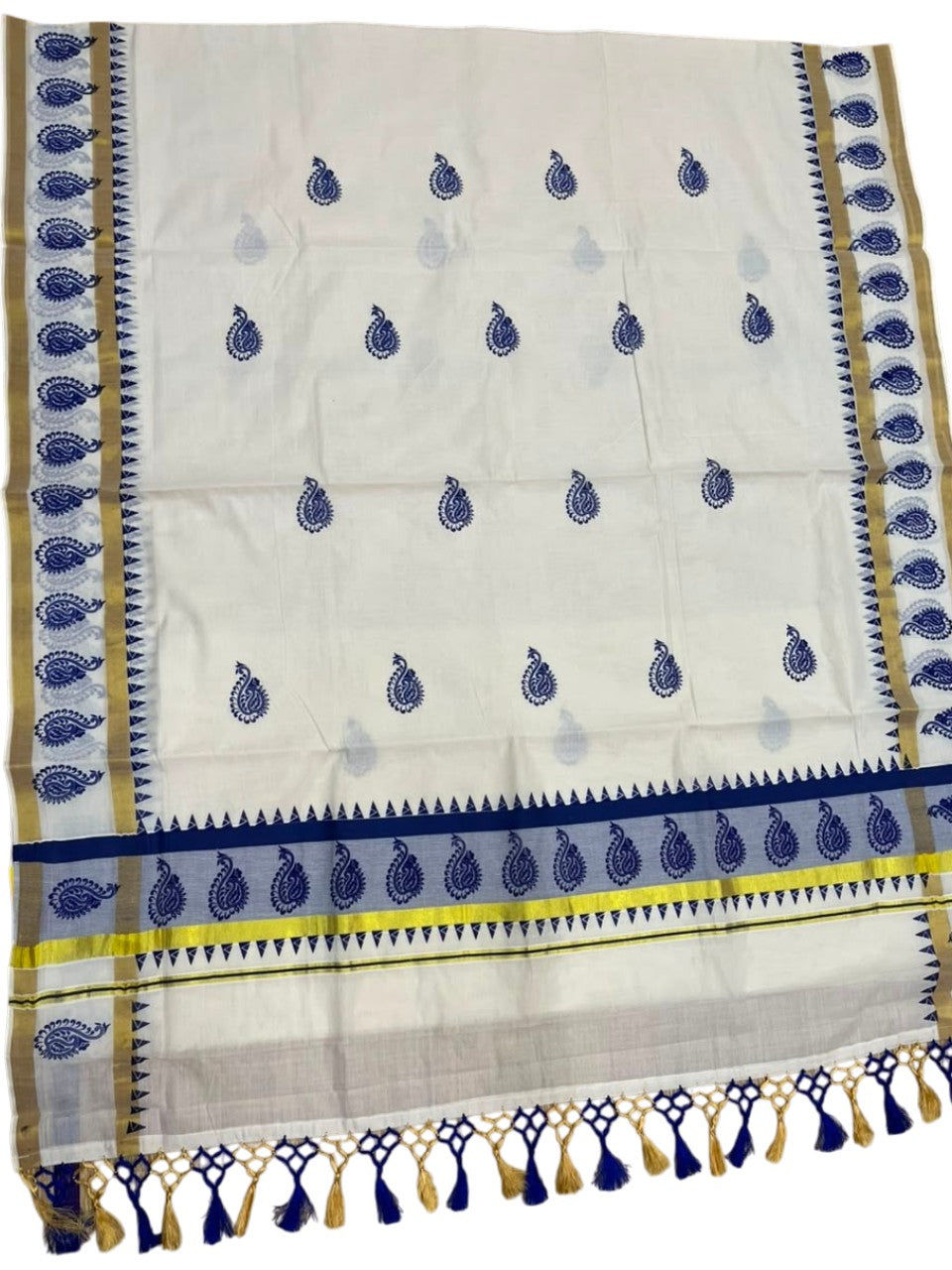 Southloom Cotton Kerala Kasavu Saree with Digital Print on Body With Temple Borders in Blue SL519