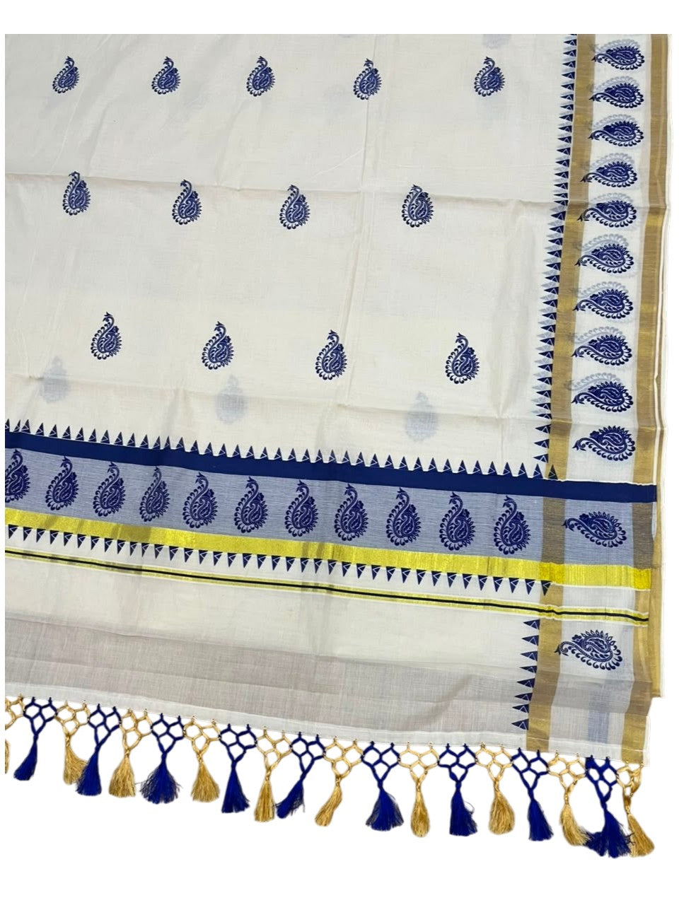 Southloom Cotton Kerala Kasavu Saree with Digital Print on Body With Temple Borders in Blue SL519