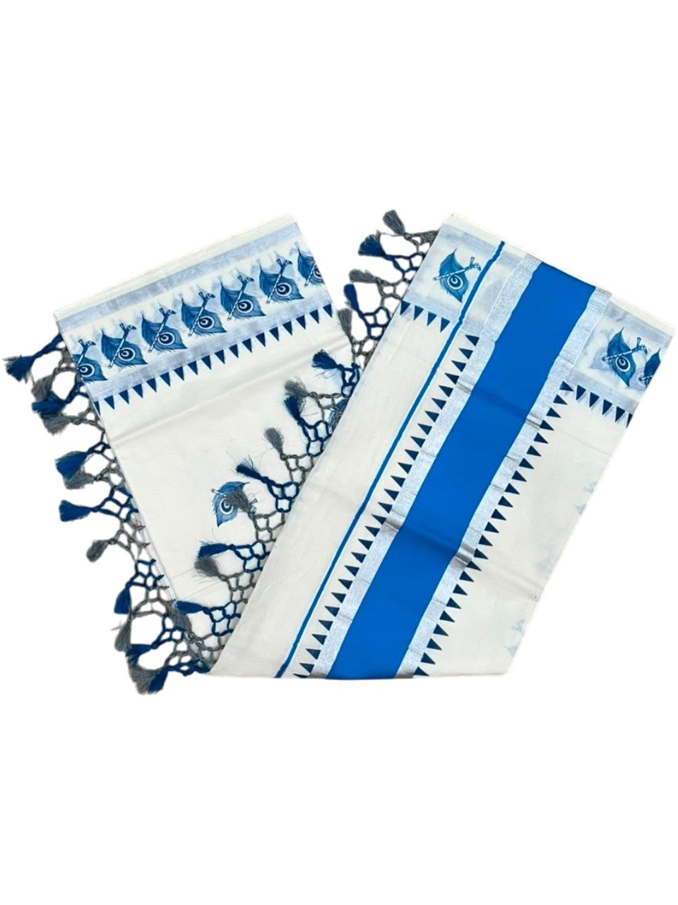 Southloom Cotton Kerala Kasavu Saree with Digital Print on Body With Temple Borders in Blue SL519
