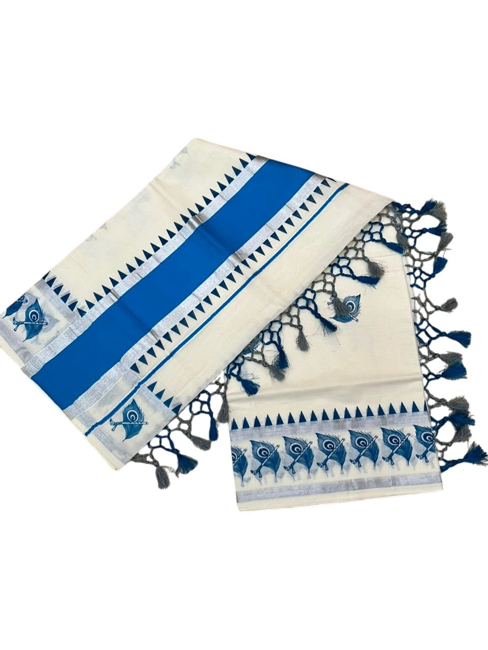 Southloom Cotton Kerala Kasavu Saree with Digital Print on Body With Temple Borders in Blue SL519