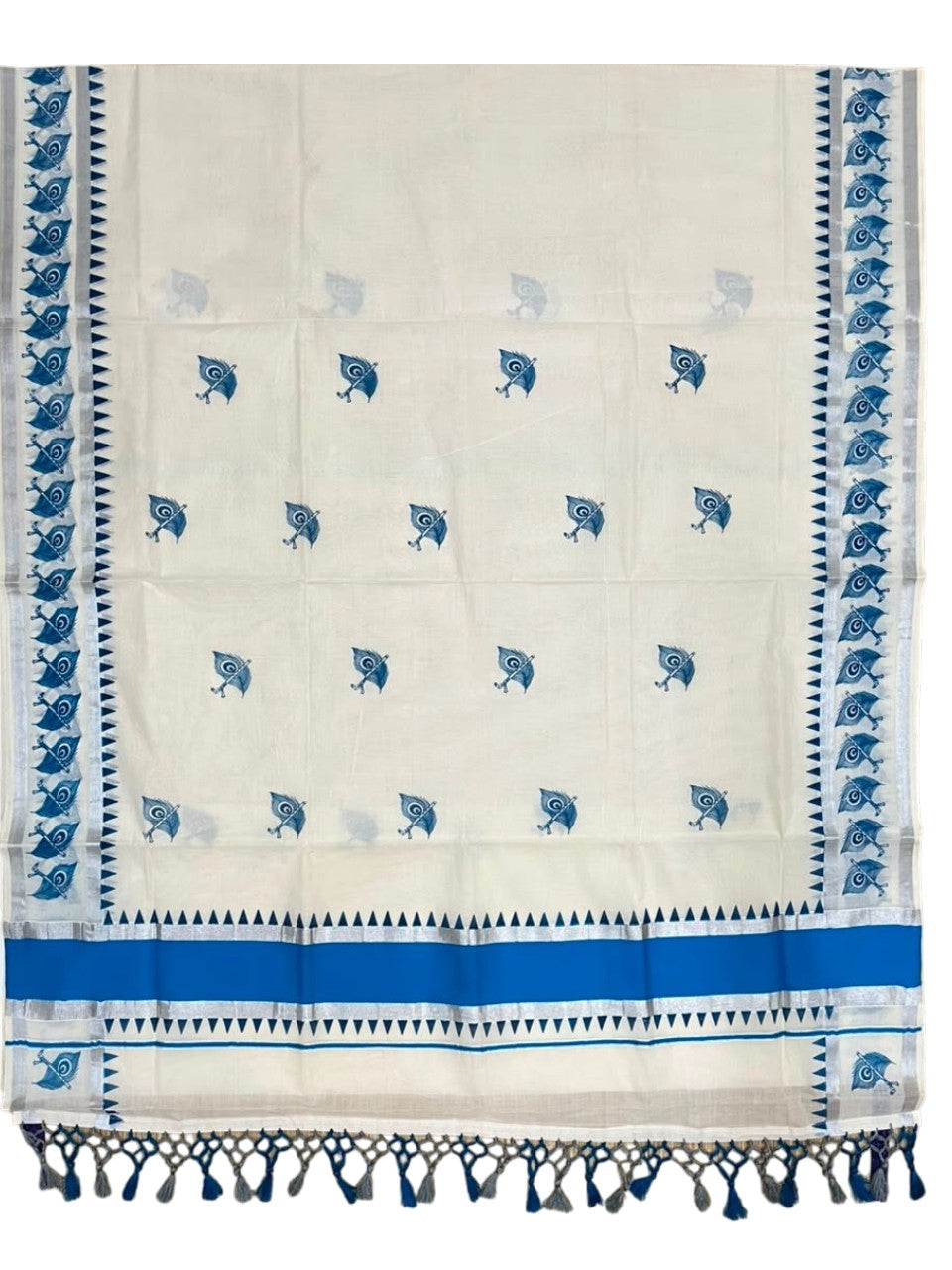 Southloom Cotton Kerala Kasavu Saree with Digital Print on Body With Temple Borders in Blue SL519