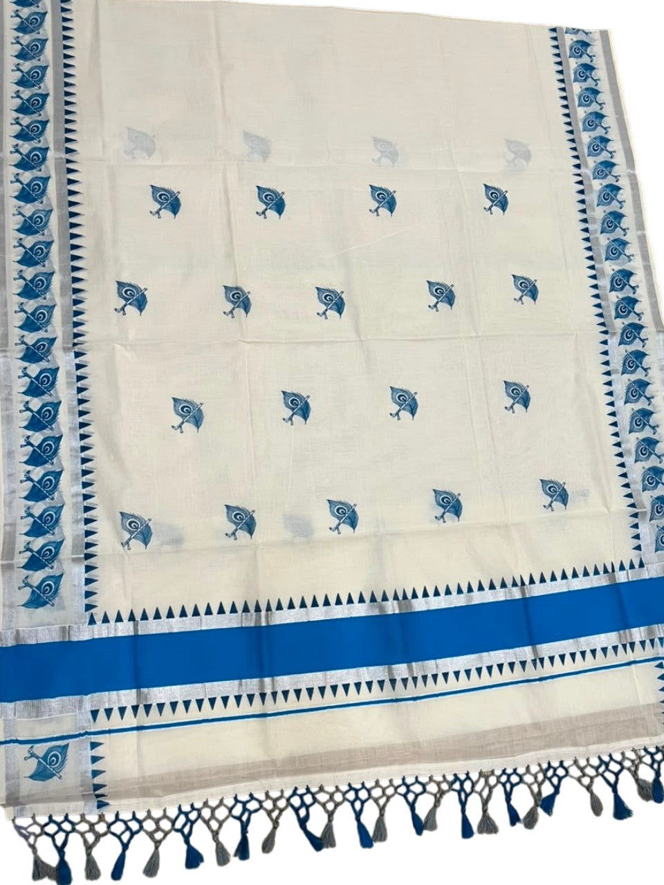 Southloom Cotton Kerala Kasavu Saree with Digital Print on Body With Temple Borders in Blue SL519