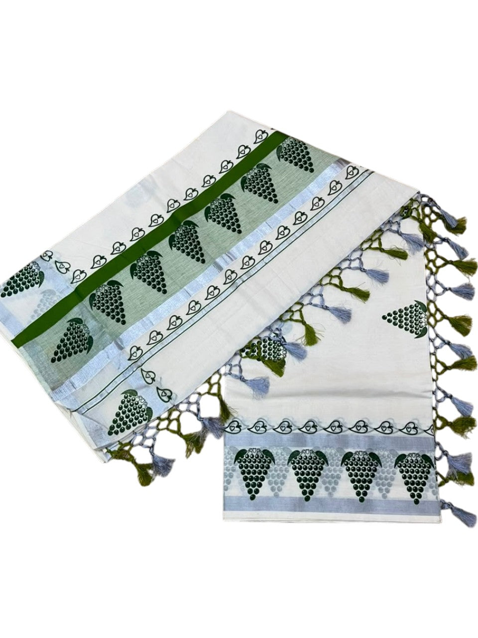 Southloom Cotton Kerala Kasavu Saree with Digital Print on Body in Olive Green SL519