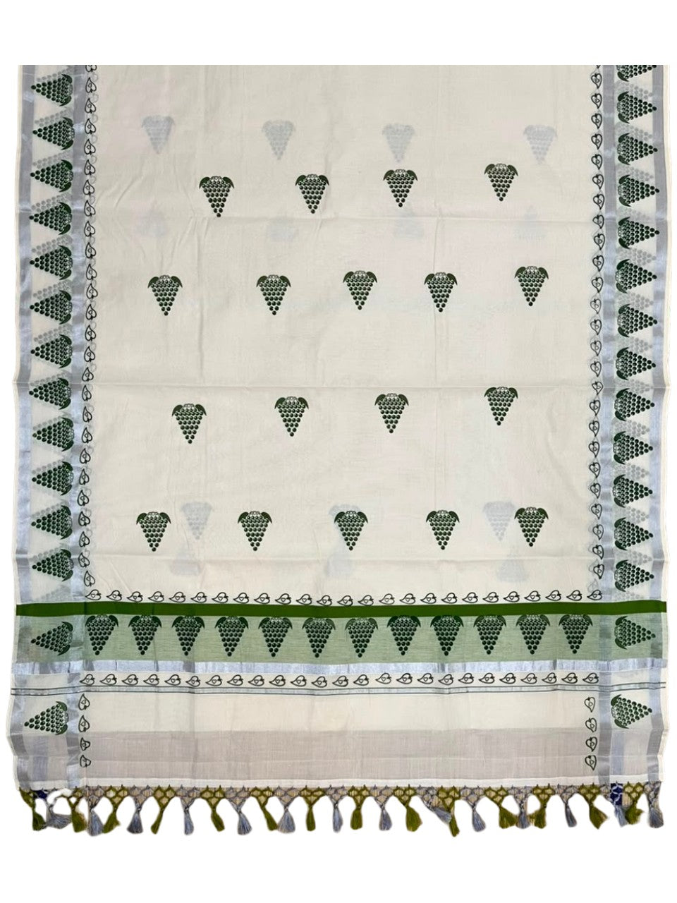 Southloom Cotton Kerala Kasavu Saree with Digital Print on Body in Olive Green SL519