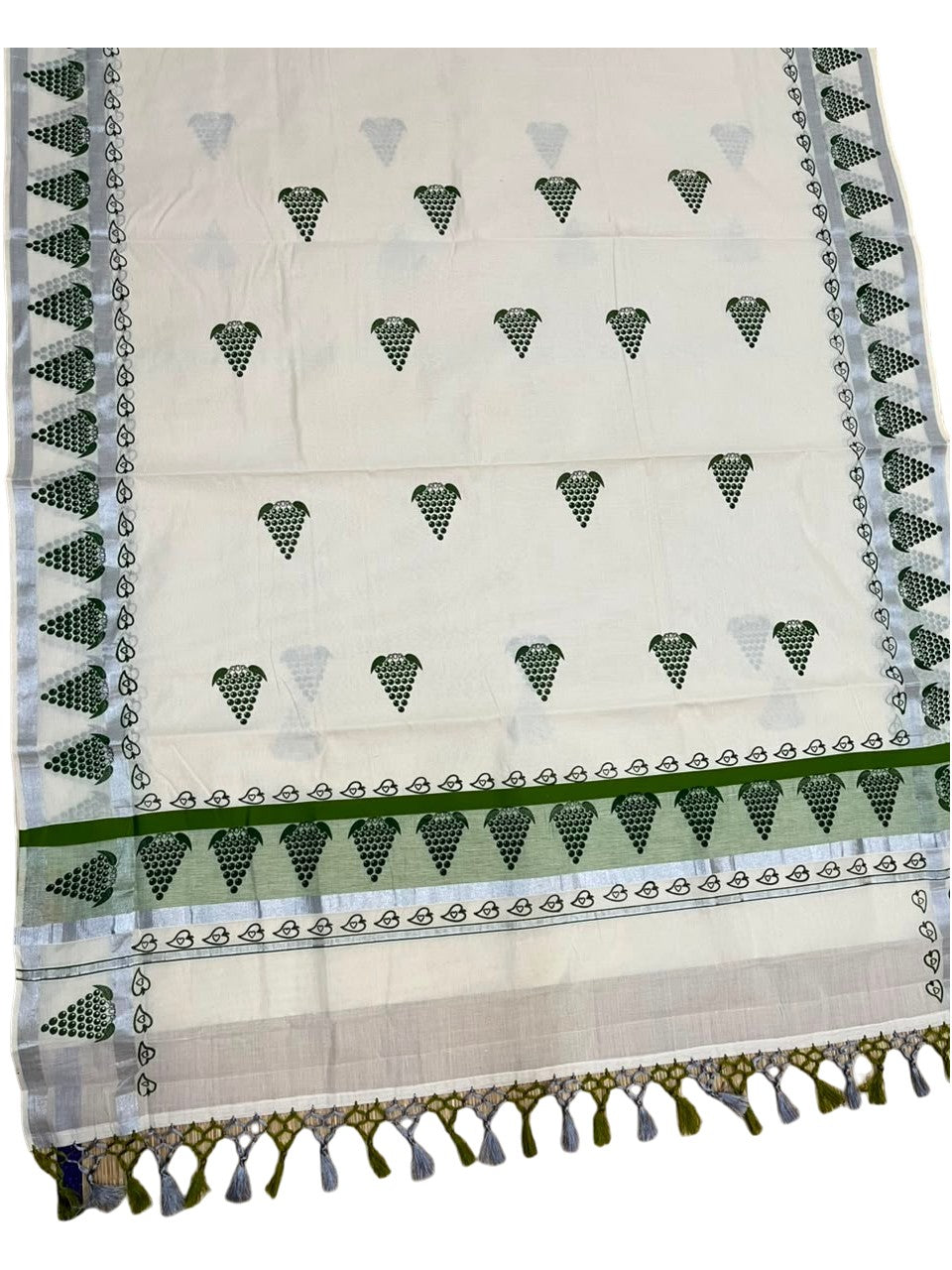 Southloom Cotton Kerala Kasavu Saree with Digital Print on Body in Olive Green SL519