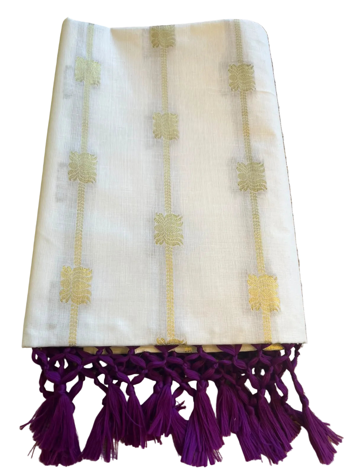 Southloom Kerala Cotton Lotus Design Saree With Purple Tassels SL532