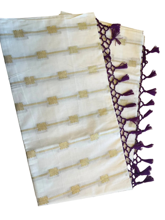 Southloom Kerala Cotton Lotus Design Saree With Purple Tassels SL532