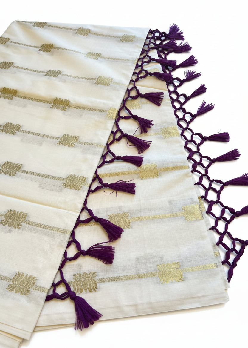 Southloom Kerala Cotton Lotus Design Saree With Purple Tassels SL532