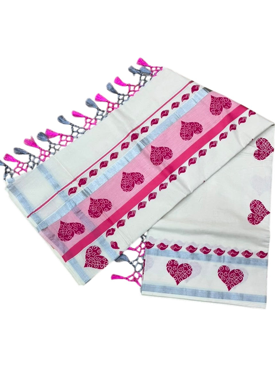 Southloom Cotton Kerala Kasavu Saree with Digital Print on Body in Pink SL519