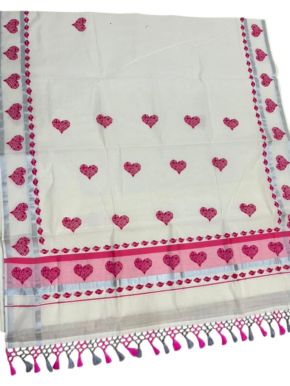 Southloom Cotton Kerala Kasavu Saree with Digital Print on Body in Pink SL519
