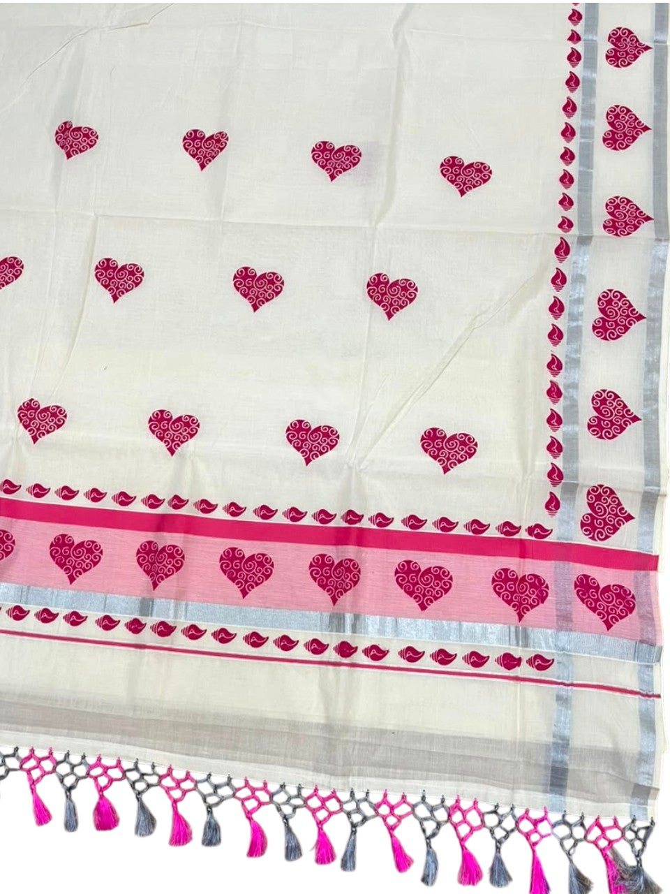 Southloom Cotton Kerala Kasavu Saree with Digital Print on Body in Pink SL519