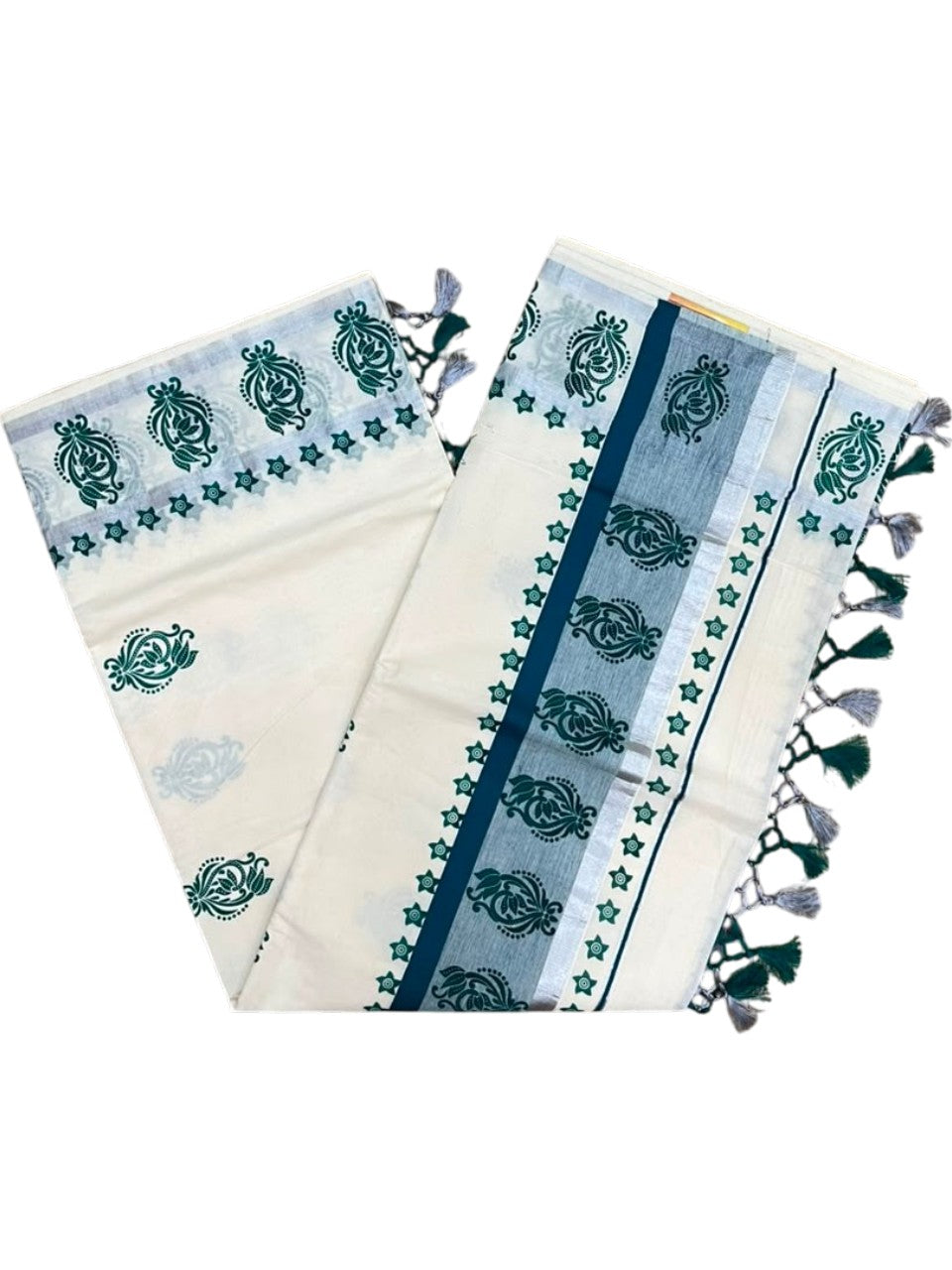 Southloom Cotton Kerala Kasavu Saree with Digital Print on Body in Peacock Blue SL519