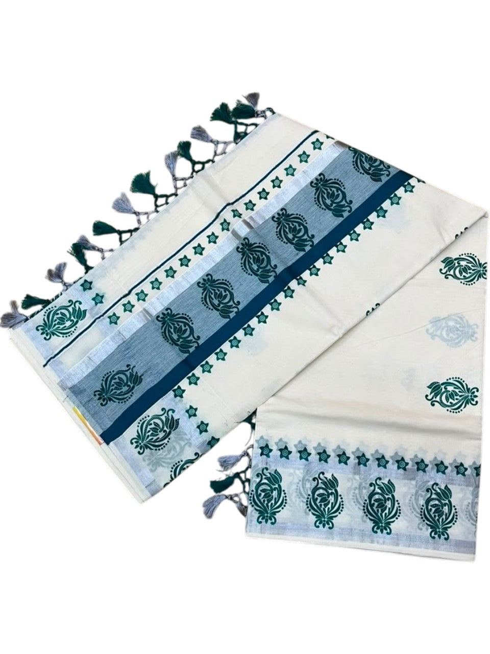 Southloom Cotton Kerala Kasavu Saree with Digital Print on Body in Peacock Blue SL519