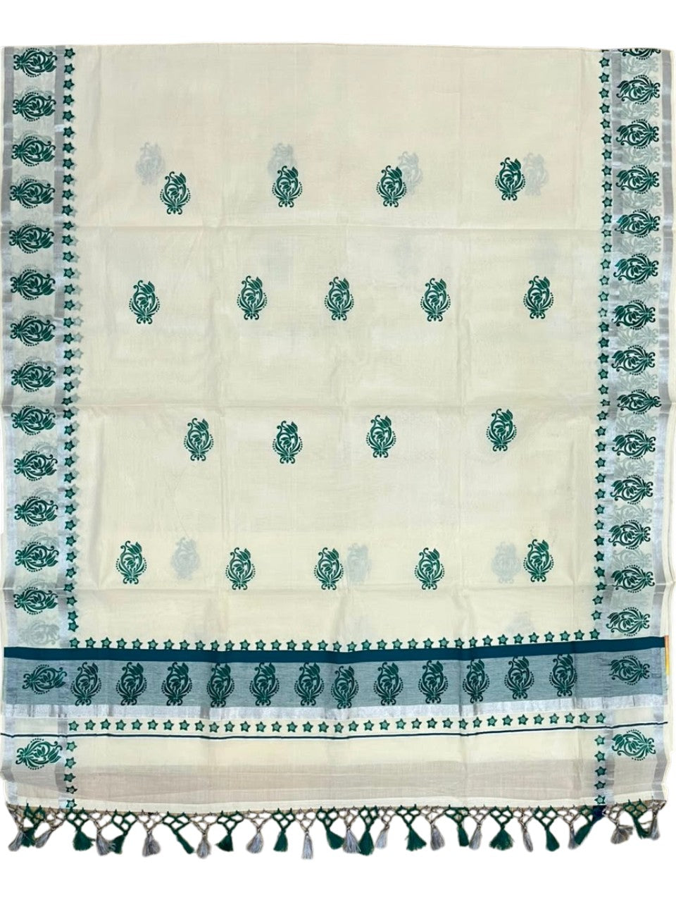 Southloom Cotton Kerala Kasavu Saree with Digital Print on Body in Peacock Blue SL519