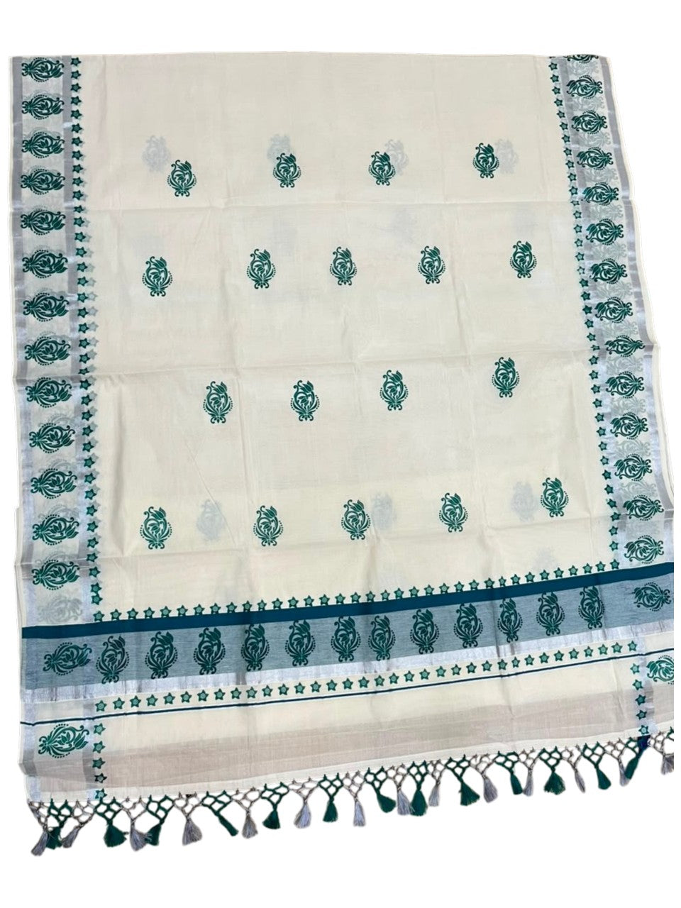 Southloom Cotton Kerala Kasavu Saree with Digital Print on Body in Peacock Blue SL519