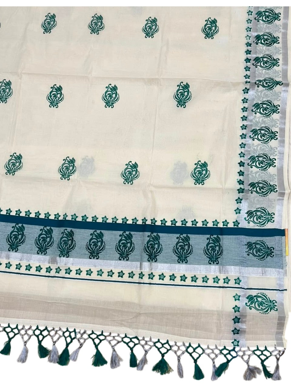 Southloom Cotton Kerala Kasavu Saree with Digital Print on Body in Peacock Blue SL519
