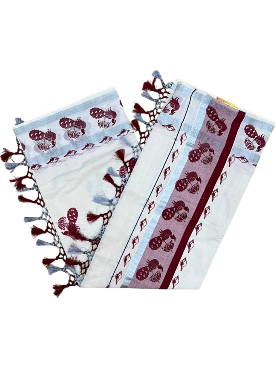 Southloom Cotton Kerala Kasavu Saree with Digital Print on Body in Maroon SL519