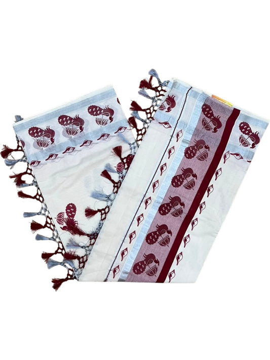 Southloom Cotton Kerala Kasavu Saree with Digital Print on Body in Maroon SL519