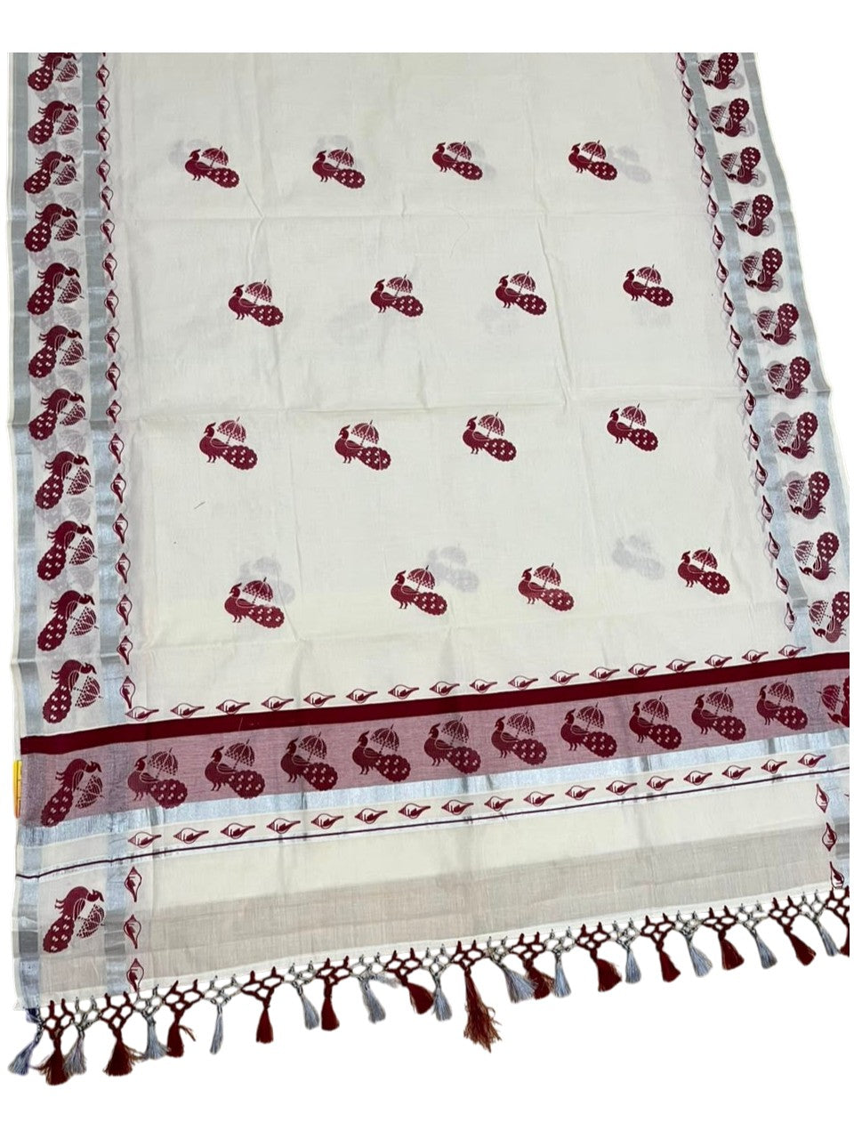 Southloom Cotton Kerala Kasavu Saree with Digital Print on Body in Maroon SL519