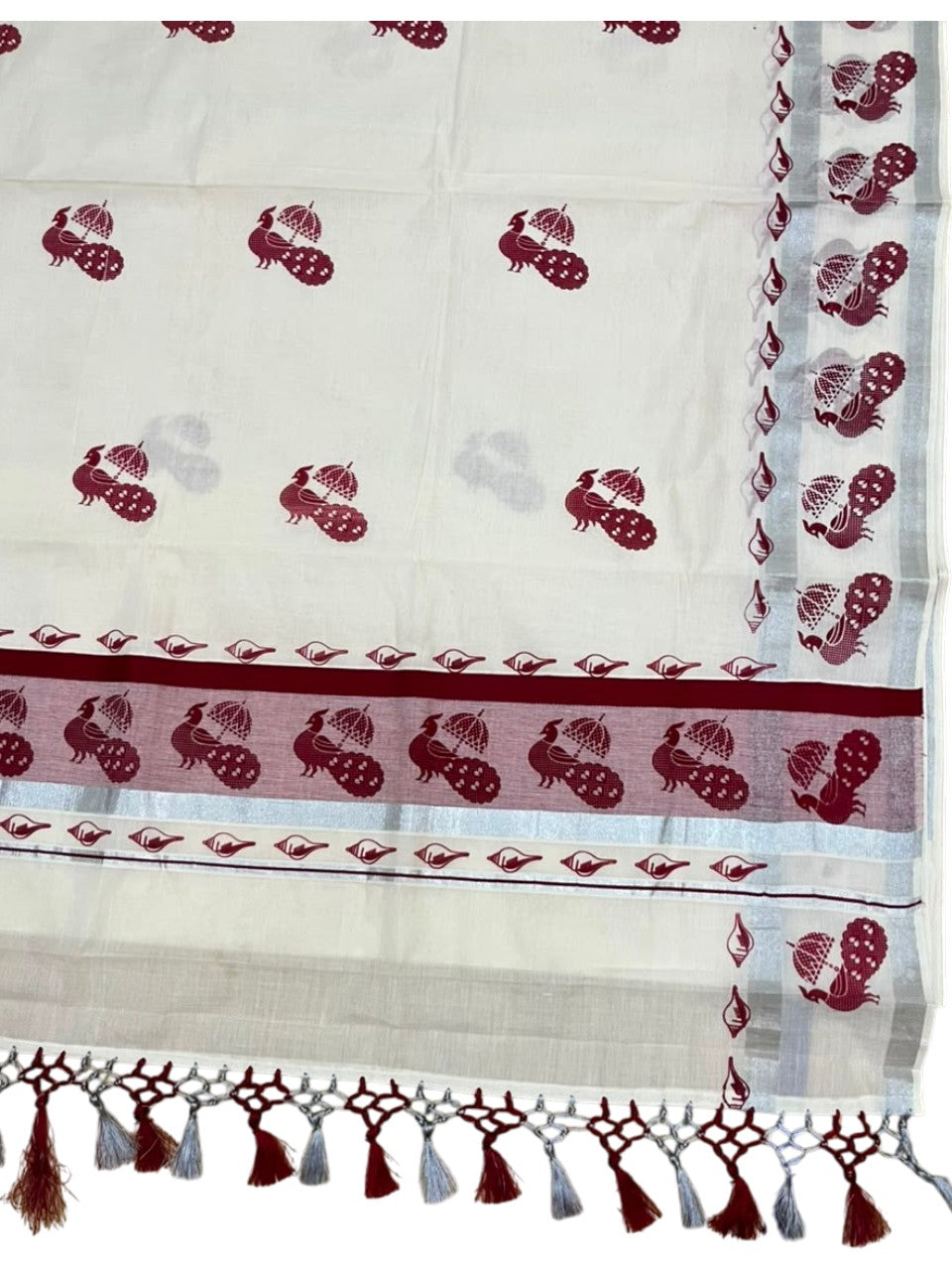 Southloom Cotton Kerala Kasavu Saree with Digital Print on Body in Maroon SL519