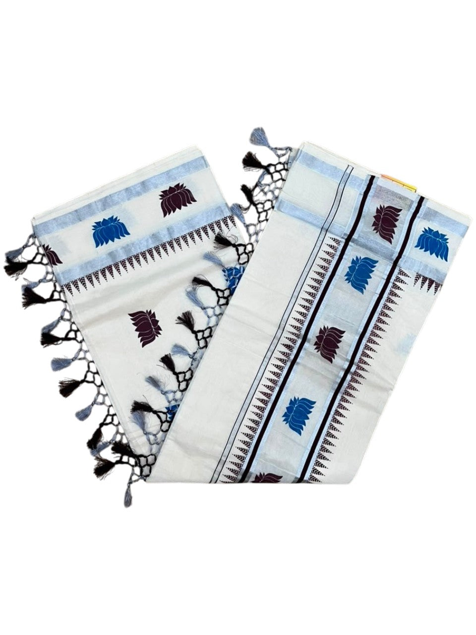 Southloom Cotton Kerala Kasavu Saree with Lotus Digital Print on Body in Blue and Brown SL519
