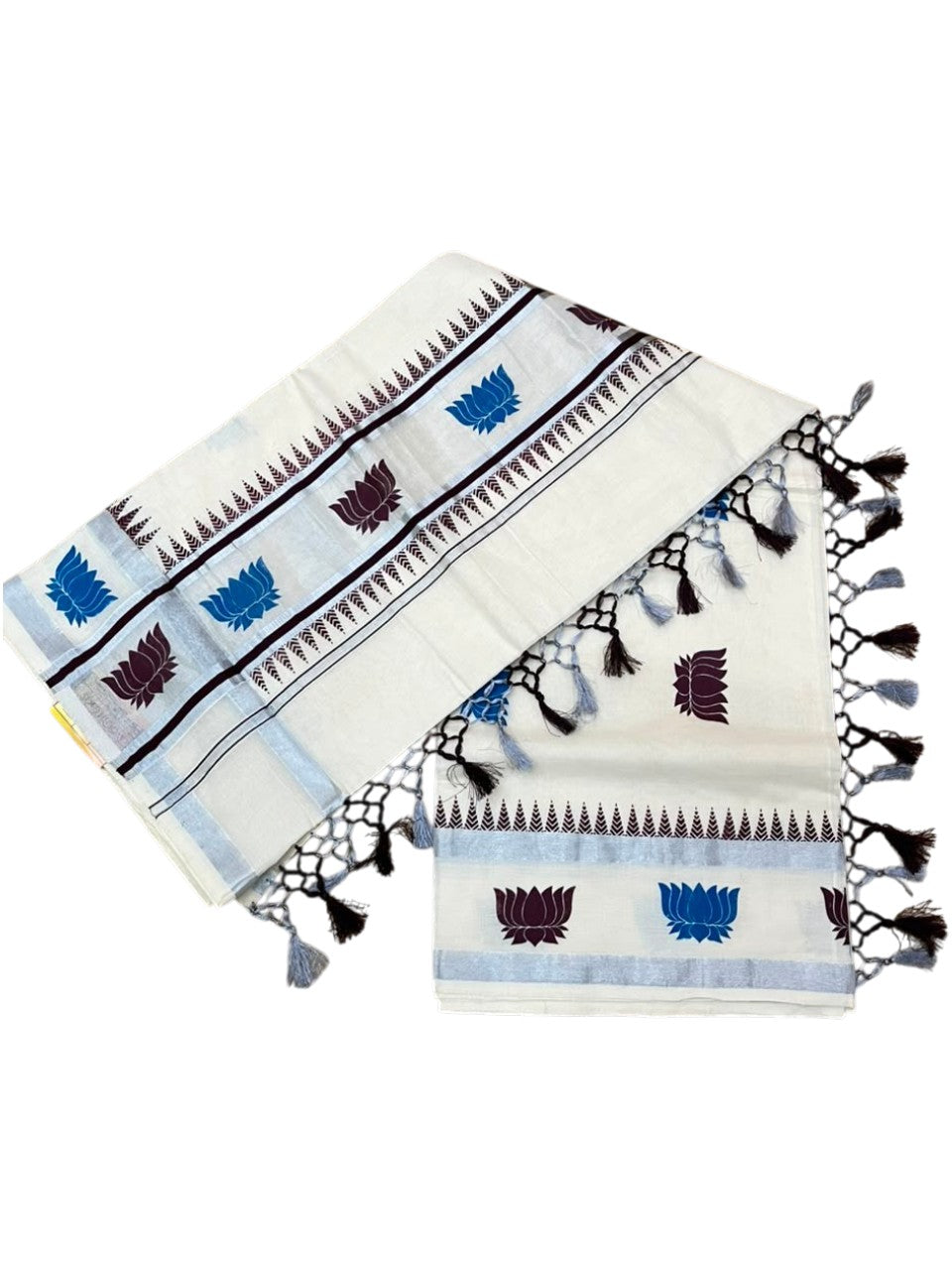 Southloom Cotton Kerala Kasavu Saree with Lotus Digital Print on Body in Blue and Brown SL519