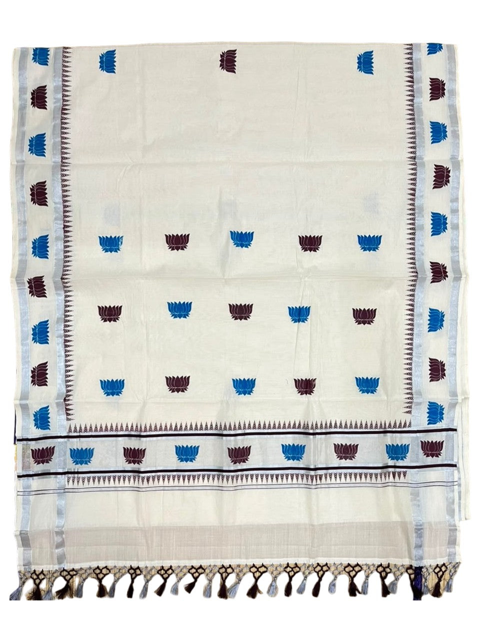 Southloom Cotton Kerala Kasavu Saree with Lotus Digital Print on Body in Blue and Brown SL519