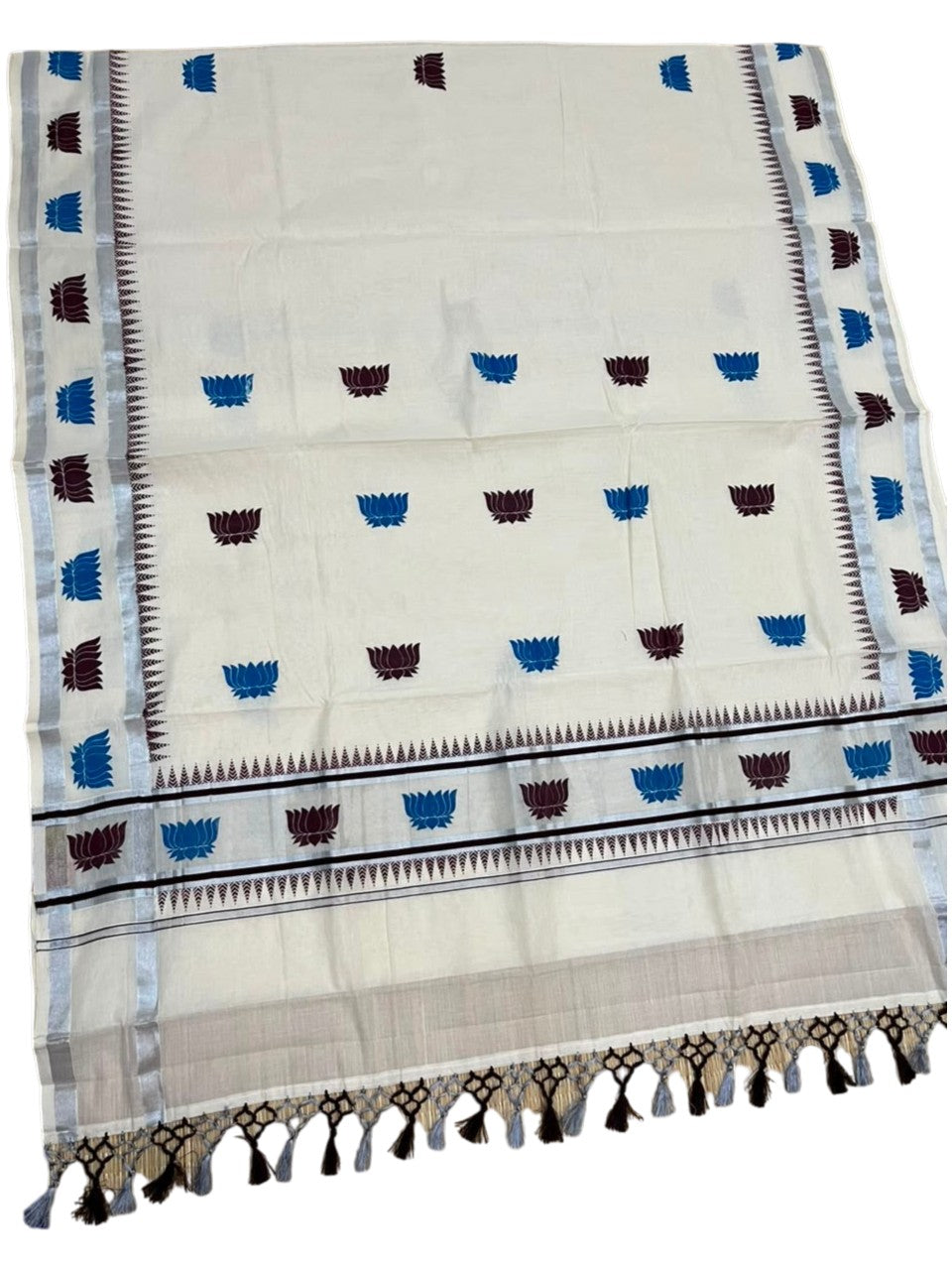 Southloom Cotton Kerala Kasavu Saree with Lotus Digital Print on Body in Blue and Brown SL519